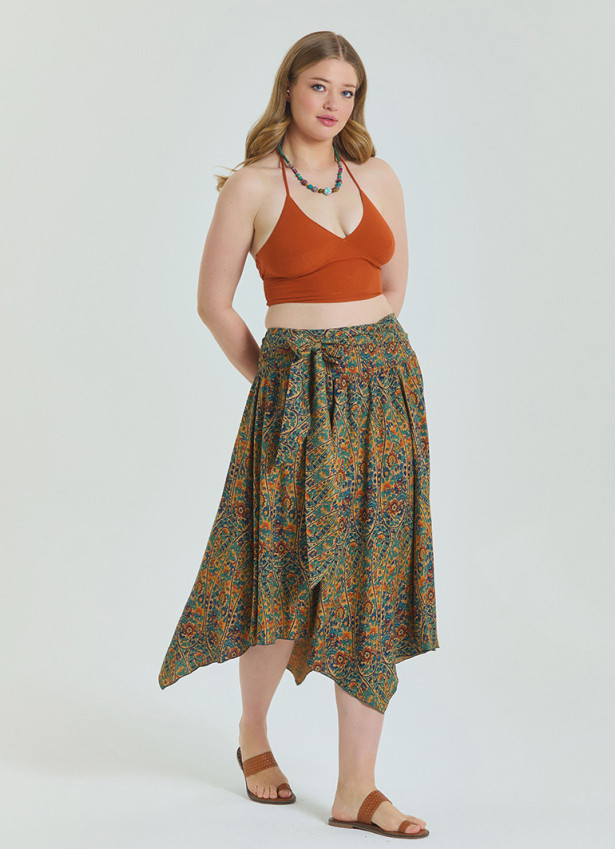 Gipe Detailed Waist Tied Petrol Plus Size Skirt 4589